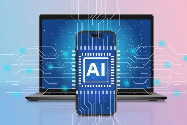 ノートパソコンとスマホが描かれていて、スマホの画面にはAIの文字と幾何学模様が描かれている